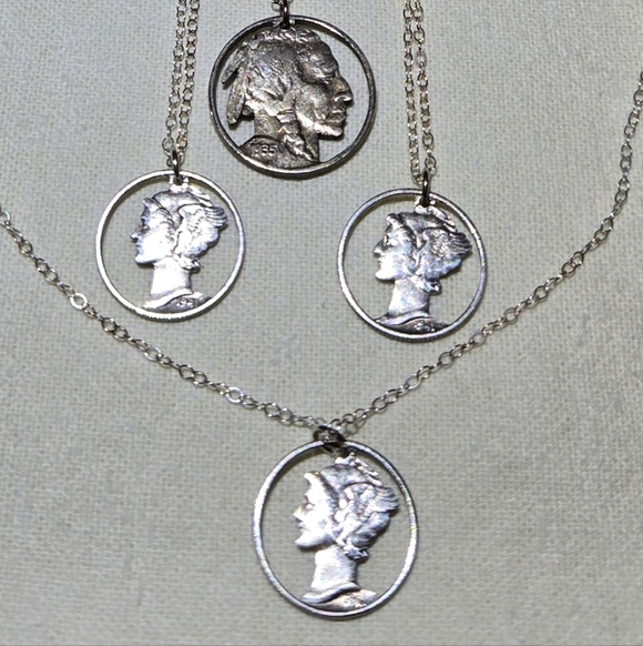 Jewelry - 3 Laser Cut Mercury Dime & 1 Indian Nickel Pendants W/ Sterling Silver Necklaces
